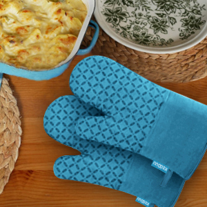 KEGOUU Oven Mitts and Pot Holders 6pcs Set, Kitchen Oven Glove High Heat Resistant 500 Degree Extra Long Oven Mitts and Potholder with Non-Slip Silicone Surface for Cooking (Sky Blue)