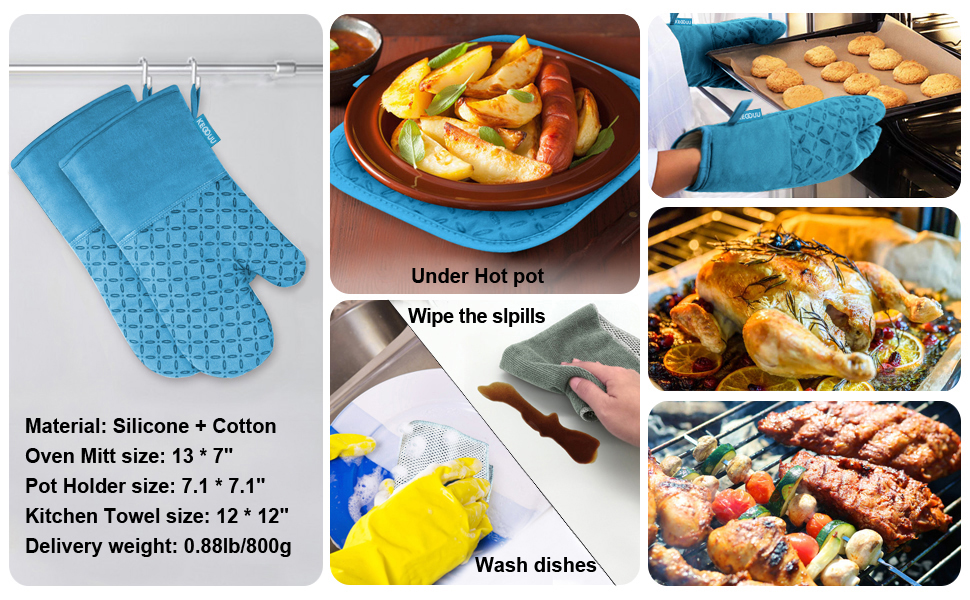 KEGOUU Oven Mitts and Pot Holders 6pcs Set, Kitchen Oven Glove High Heat Resistant 500 Degree Extra Long Oven Mitts and Potholder with Non-Slip Silicone Surface for Cooking (Sky Blue)