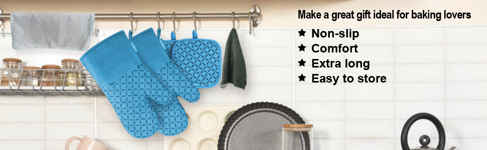 KEGOUU Oven Mitts and Pot Holders 6pcs Set, Kitchen Oven Glove High Heat Resistant 500 Degree Extra Long Oven Mitts and Potholder with Non-Slip Silicone Surface for Cooking (Sky Blue)