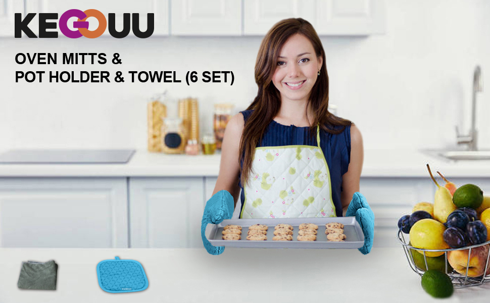 KEGOUU Oven Mitts and Pot Holders 6pcs Set, Kitchen Oven Glove High Heat Resistant 500 Degree Extra Long Oven Mitts and Potholder with Non-Slip Silicone Surface for Cooking (Sky Blue)