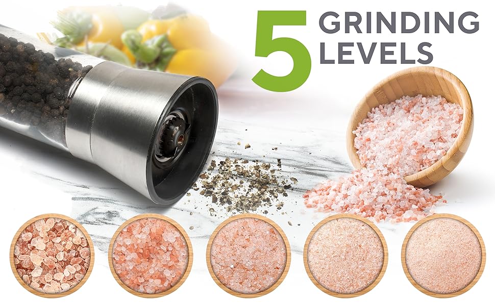 Premium Salt and Pepper Grinder Set of 2 - Two Refillable Stainless Steel Sea Salt & Spice Shakers with Adjustable Coarse Mills - Easy Clean Ceramic Grinders w/BONUS Silicone Funnel & Cleaning Brush