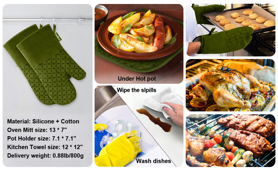 KEGOUU Oven Mitts and Pot Holders 6pcs Set, Kitchen Oven Glove High Heat Resistant 500 Degree Extra Long Oven Mitts and Potholder with Non-Slip Silicone Surface for Cooking (Olive Drab)