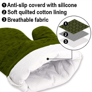 KEGOUU Oven Mitts and Pot Holders 6pcs Set, Kitchen Oven Glove High Heat Resistant 500 Degree Extra Long Oven Mitts and Potholder with Non-Slip Silicone Surface for Cooking (Olive Drab)