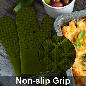 KEGOUU Oven Mitts and Pot Holders 6pcs Set, Kitchen Oven Glove High Heat Resistant 500 Degree Extra Long Oven Mitts and Potholder with Non-Slip Silicone Surface for Cooking (Olive Drab)