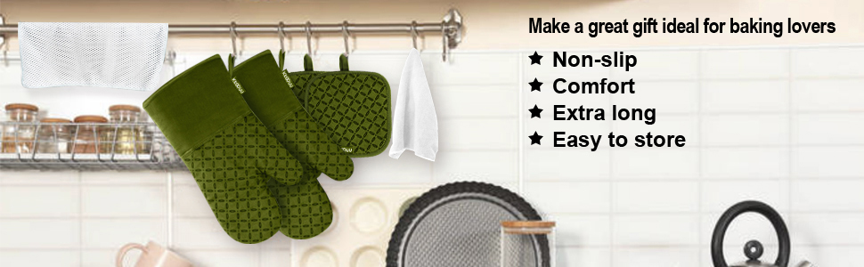 KEGOUU Oven Mitts and Pot Holders 6pcs Set, Kitchen Oven Glove High Heat Resistant 500 Degree Extra Long Oven Mitts and Potholder with Non-Slip Silicone Surface for Cooking (Olive Drab)