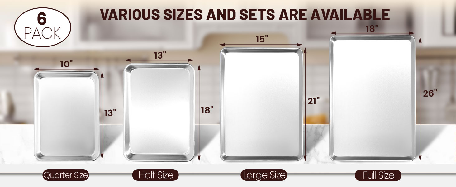 6 Pack Full Size Baking Sheet Pan Aluminum Commercial Pan for Oven Freezer Bakery Hotel Restaurant 26