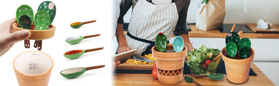 5 Pieces Measuring Spoons Set/Ceramics Spoons and Measuring Base Cup/for Dry and Liquid Ingredient, Cute Cactus Shape (Solid color base)