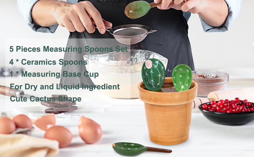 5 Pieces Measuring Spoons Set/Ceramics Spoons and Measuring Base Cup/for Dry and Liquid Ingredient, Cute Cactus Shape (Solid color base)
