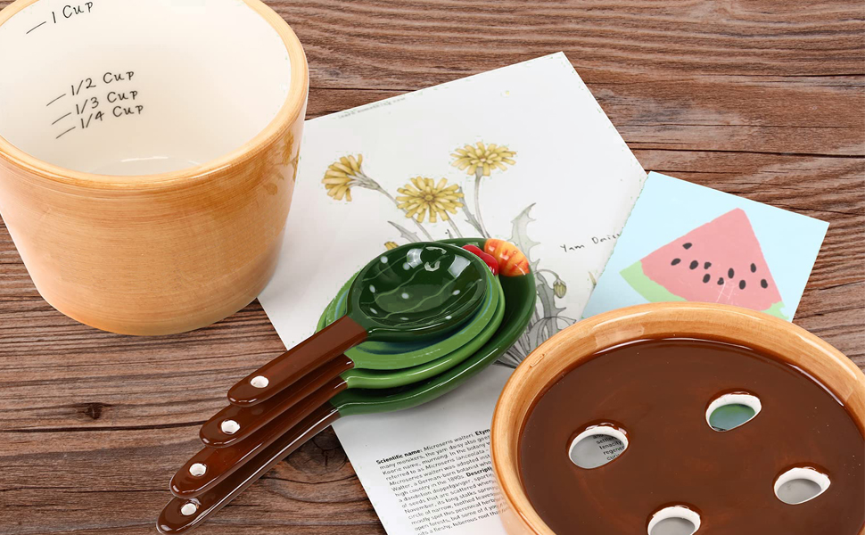 5 Pieces Measuring Spoons Set/Ceramics Spoons and Measuring Base Cup/for Dry and Liquid Ingredient, Cute Cactus Shape (Solid color base)