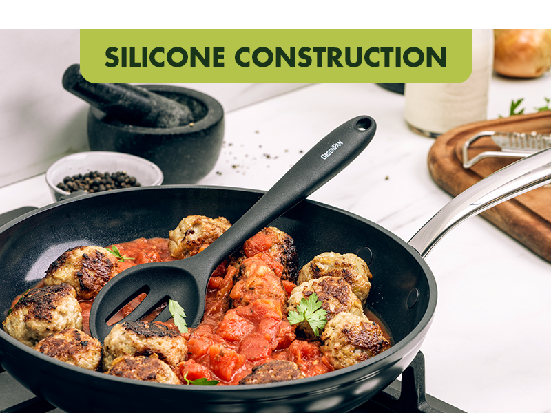 GreenPan 5 Piece Cooking Utensil Set, Flexible Nonstick Silicone, Stain-Free, Tongs, Turner, Spatula, Skimmer, and Slotted Spoon, Black