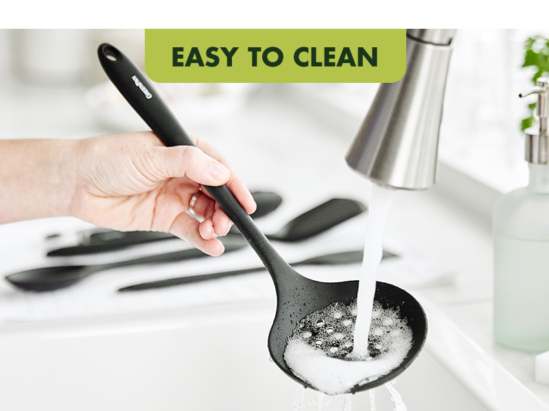 GreenPan 5 Piece Cooking Utensil Set, Flexible Nonstick Silicone, Stain-Free, Tongs, Turner, Spatula, Skimmer, and Slotted Spoon, Black