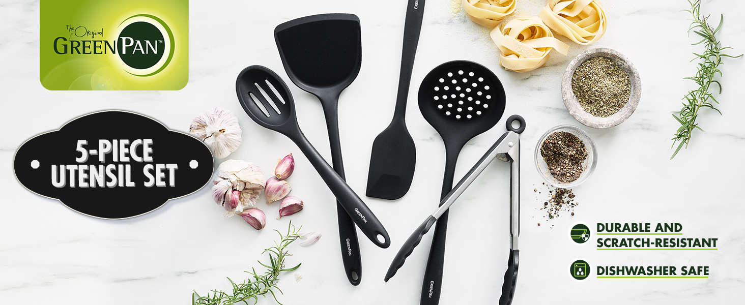 GreenPan 5 Piece Cooking Utensil Set, Flexible Nonstick Silicone, Stain-Free, Tongs, Turner, Spatula, Skimmer, and Slotted Spoon, Black