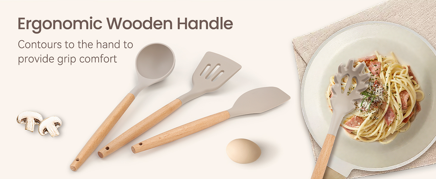 26 Pcs Silicone Cooking Utensils Set with Holder, NCUE BPA Free Kitchen Utensils Set for Cooking, 446°F Spatulas Silicone Heat Resistant Wooden Handle Spoon Tongs Non-stick Kitchen Gadgets (Khaki)