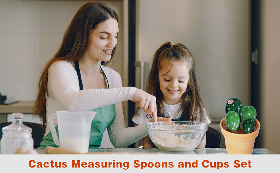 Cactus Measuring Spoons Set in Pot, Cute Ceramic Measuring Spoons and Cups, Kitchen Cacti Spoon with Holder, Baking Measuring Cups Ornaments Gift