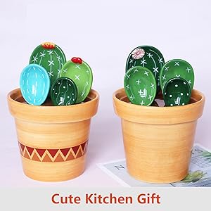 Cactus Measuring Spoons Set in Pot, Cute Ceramic Measuring Spoons and Cups, Kitchen Cacti Spoon with Holder, Baking Measuring Cups Ornaments Gift