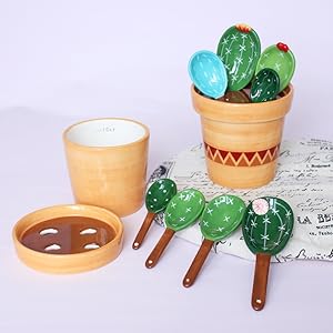 Cactus Measuring Spoons Set in Pot, Cute Ceramic Measuring Spoons and Cups, Kitchen Cacti Spoon with Holder, Baking Measuring Cups Ornaments Gift