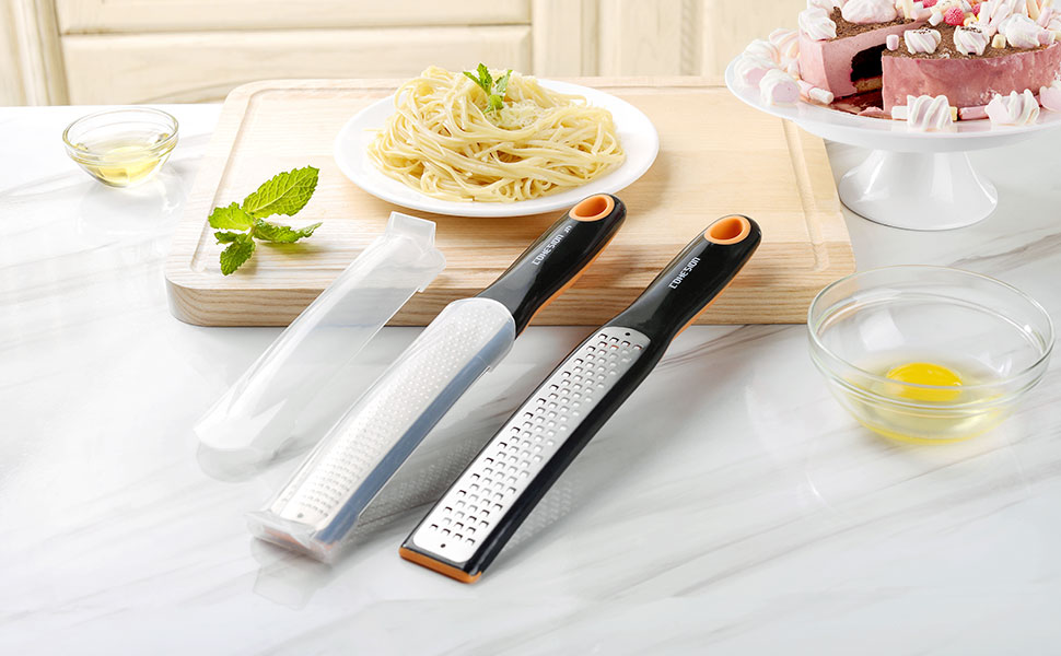 Cohesion Etched Zester & Grater Set of 2 - Kitchen Zester Tool for Lemon, Cheese, Garlic, Ginger, Nutmeg, Chocolate, Fruits, Vegetables - Sharp Premium Stainless Steel Blade with Protective Cover