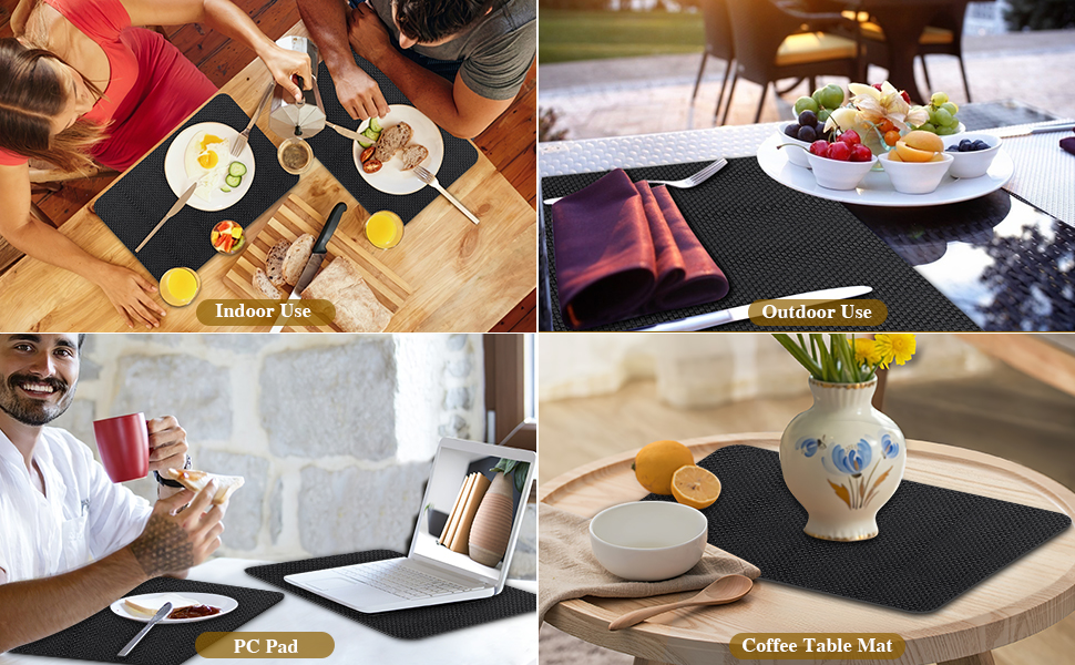 Bacgnyer Placemats Set of 4, Placemat with Coasters Heat Stain Scratch Resistant Non-Slip Waterproof Oil-Proof Washable Wipeable Outdoor Indoor for Dining Patio Table Kitchen Decor and Kids (Black 4)