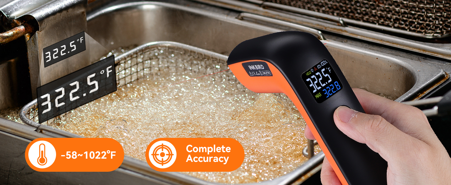 Rechargeable Infrared Thermometer Gun for Cooking -58℉~1022℉| INKBIRD Colorful Display Digital Laser Temperature Gun for Pizza Oven Grill Kitchen Home Repairs with Max Measure, ℉ Only (NOT for Human)