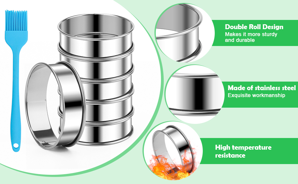 6 Pieces English Muffin Rings, 3.15 Inch Stainless Steel Crumpet Ring Double Rolled Tart Nonstick Metal Round Molds with Silicone Oil Brush