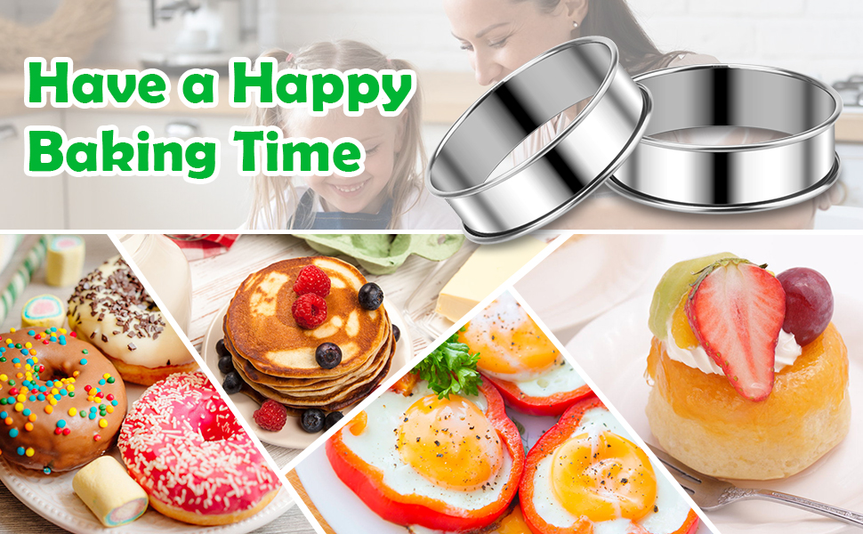 6 Pieces English Muffin Rings, 3.15 Inch Stainless Steel Crumpet Ring Double Rolled Tart Nonstick Metal Round Molds with Silicone Oil Brush