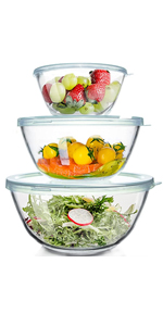 WhiteRhino Glass Mixing Bowls Glass Bowls with Lids Set(4.5QT,2.7QT, 1.1QT),Large Salad Bowls,glass mixing bowl Space-Saving Nesting Storage bowls for Cooking,Baking,Prepping,Dishwasher Safe