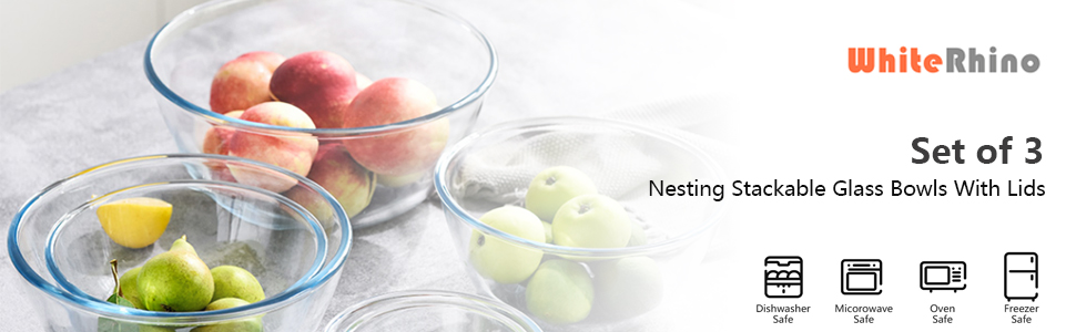 WhiteRhino Glass Mixing Bowls Glass Bowls with Lids Set(4.5QT,2.7QT, 1.1QT),Large Salad Bowls,glass mixing bowl Space-Saving Nesting Storage bowls for Cooking,Baking,Prepping,Dishwasher Safe