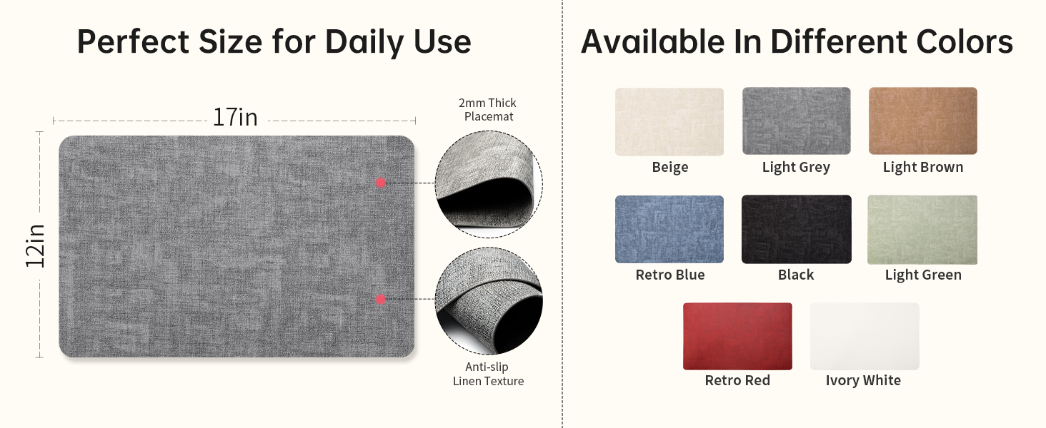 Maxpearl Faux Leather Placemats Set of 6 - Waterproof - Wipe Clean - Heat Resistant - Anti Slip Dining Table Place Mats, Suitable for Indoor & Outdoor Use, 17’’×12’’, Grey