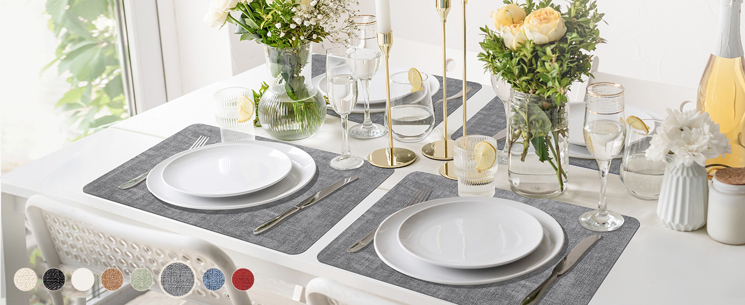 Maxpearl Faux Leather Placemats Set of 6 - Waterproof - Wipe Clean - Heat Resistant - Anti Slip Dining Table Place Mats, Suitable for Indoor & Outdoor Use, 17’’×12’’, Grey