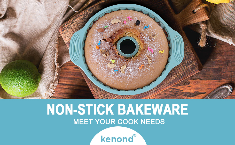 Kenond Silicone Fluted Pans, Non-stick with Sturdy Handle, Baking Molds, Perfect Bakeware for Cake, Jello, Gelatin, Bread, Para Gelatinas, 9.5 Inch (Blue)