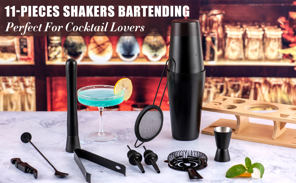 11Pcs-Cocktail Shaker Set Stainless Steel Bartending Kit 25oz Boston Shaker Bar Set Cocktail Mix Drink Making Kit Professional Bar and Home Drink Bar Tools for Bartender(Matte Black)