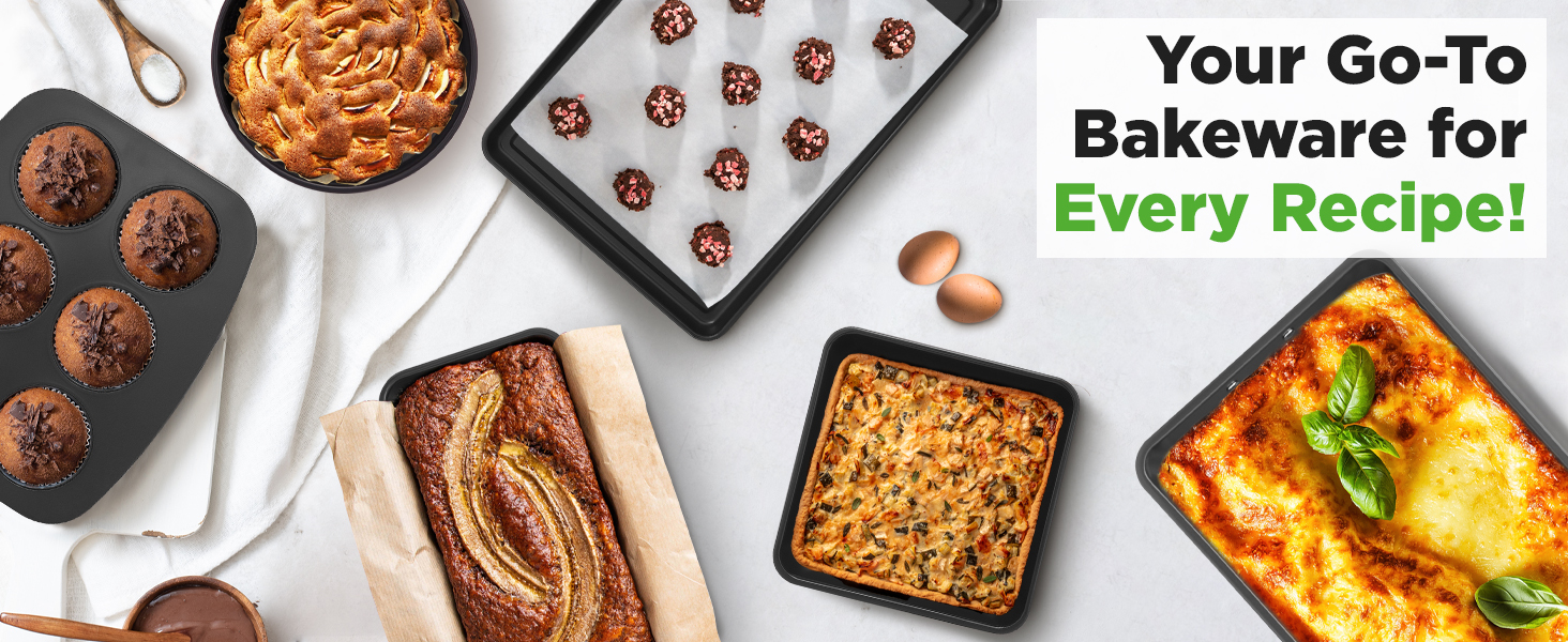 NutriChef 8-Piece Stackable Nonstick Bakeware Set - Premium Steel Baking Pans Set - Includes Round Cake Pan, 6-Cup Muffin Pans, Wide/Square Brownie & Loaf Pans, Cookie Sheet, & Roaster Pan (Black)