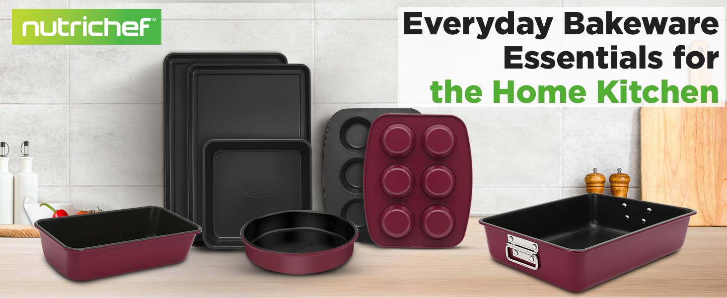 NutriChef 8-Piece Stackable Nonstick Bakeware Set - Premium Steel Baking Pans Set - Includes Round Cake Pan, 6-Cup Muffin Pans, Wide/Square Brownie & Loaf Pans, Cookie Sheet, & Roaster Pan (Black)