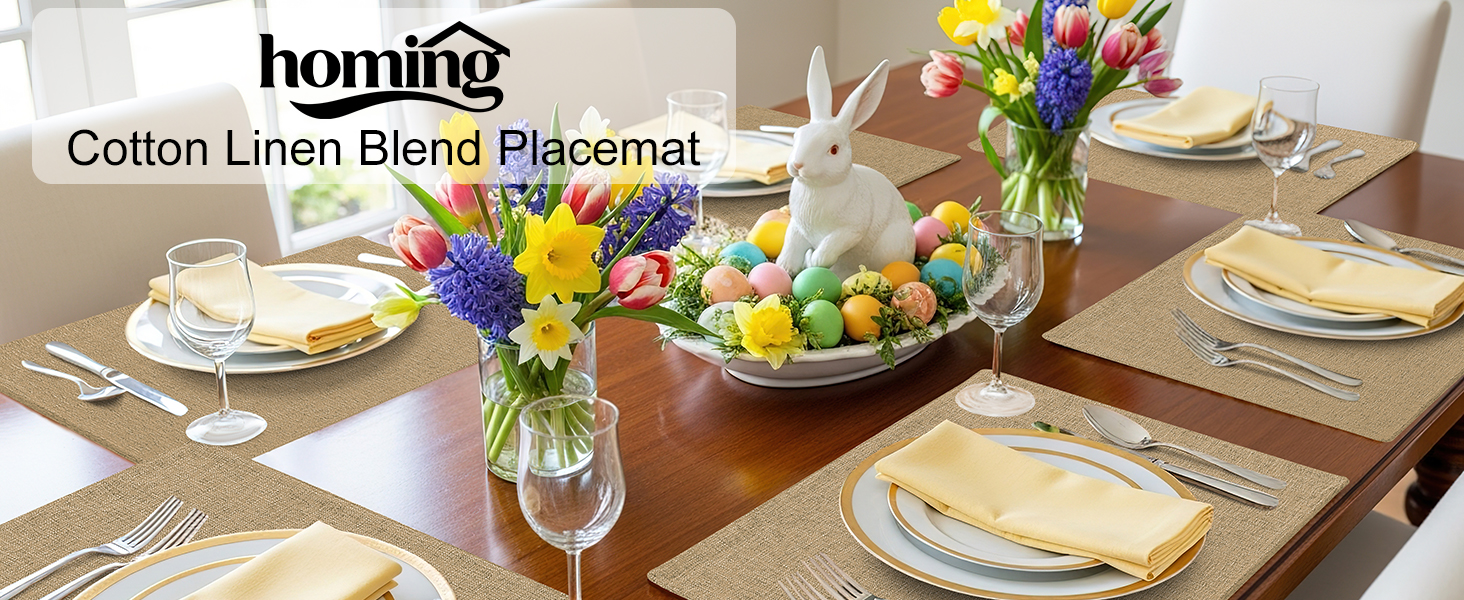 homing Cotton Linen Placemats Set of 6, Cloth Washable Farmhouse Dining Table Mats for Indoor, Outdoor, Easter, Easy to Clean, Linen, 13 x 19 Inch