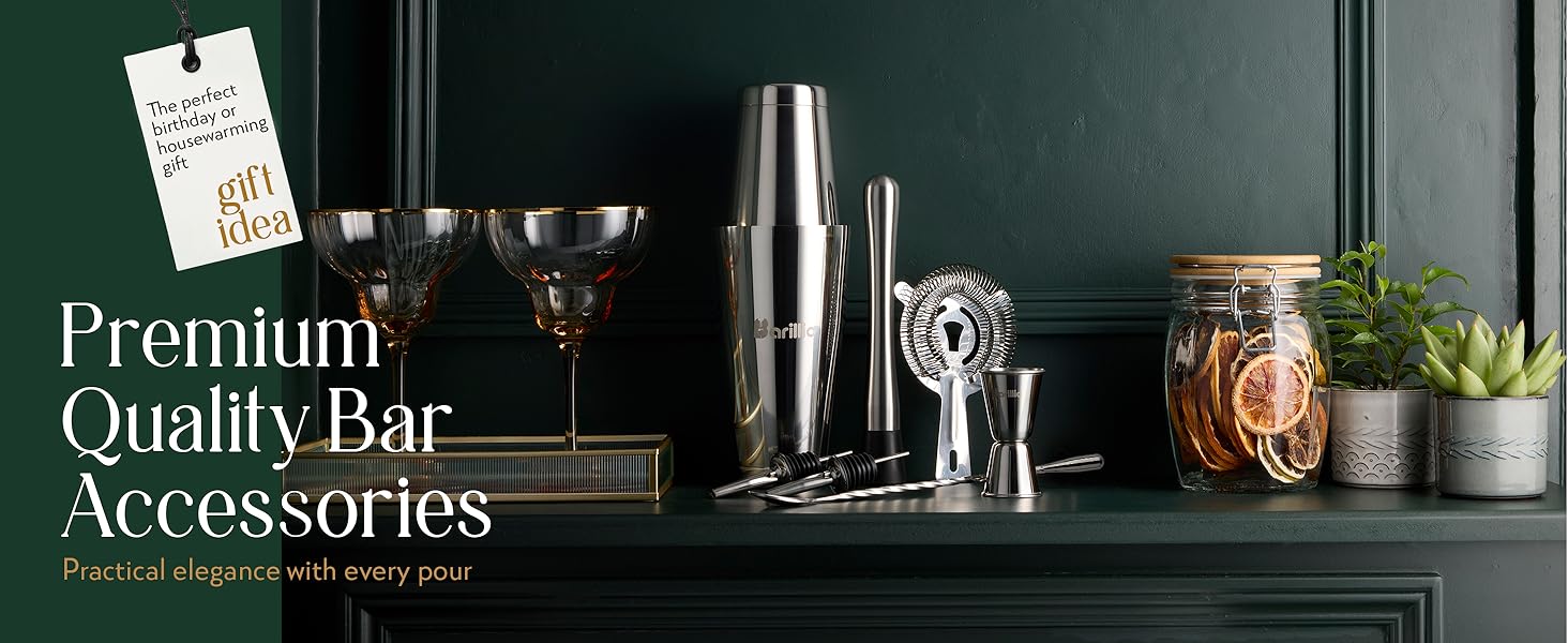 Barillio Elite Mixology Bartender Kit with Stand - Cocktail Shaker Set with Bamboo Stand, Boston Drink Shaker, Mojito Muddler, and Drink Mixer Spoon - 9-Piece Bar Tools Set - Bar Accessories for Home