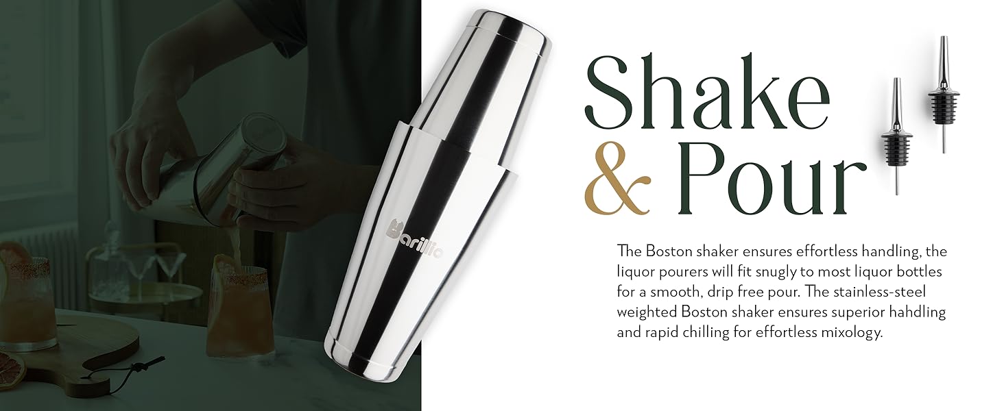 Barillio Elite Mixology Bartender Kit with Stand - Cocktail Shaker Set with Bamboo Stand, Boston Drink Shaker, Mojito Muddler, and Drink Mixer Spoon - 9-Piece Bar Tools Set - Bar Accessories for Home