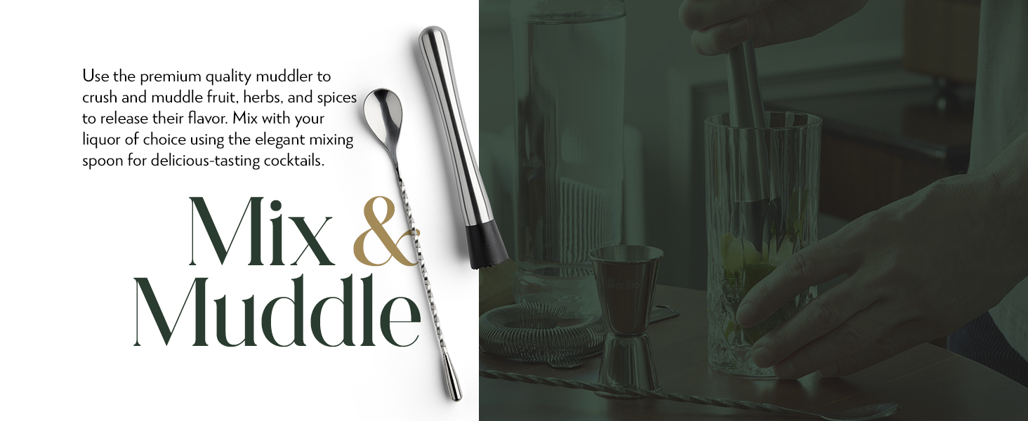 Barillio Elite Mixology Bartender Kit with Stand - Cocktail Shaker Set with Bamboo Stand, Boston Drink Shaker, Mojito Muddler, and Drink Mixer Spoon - 9-Piece Bar Tools Set - Bar Accessories for Home