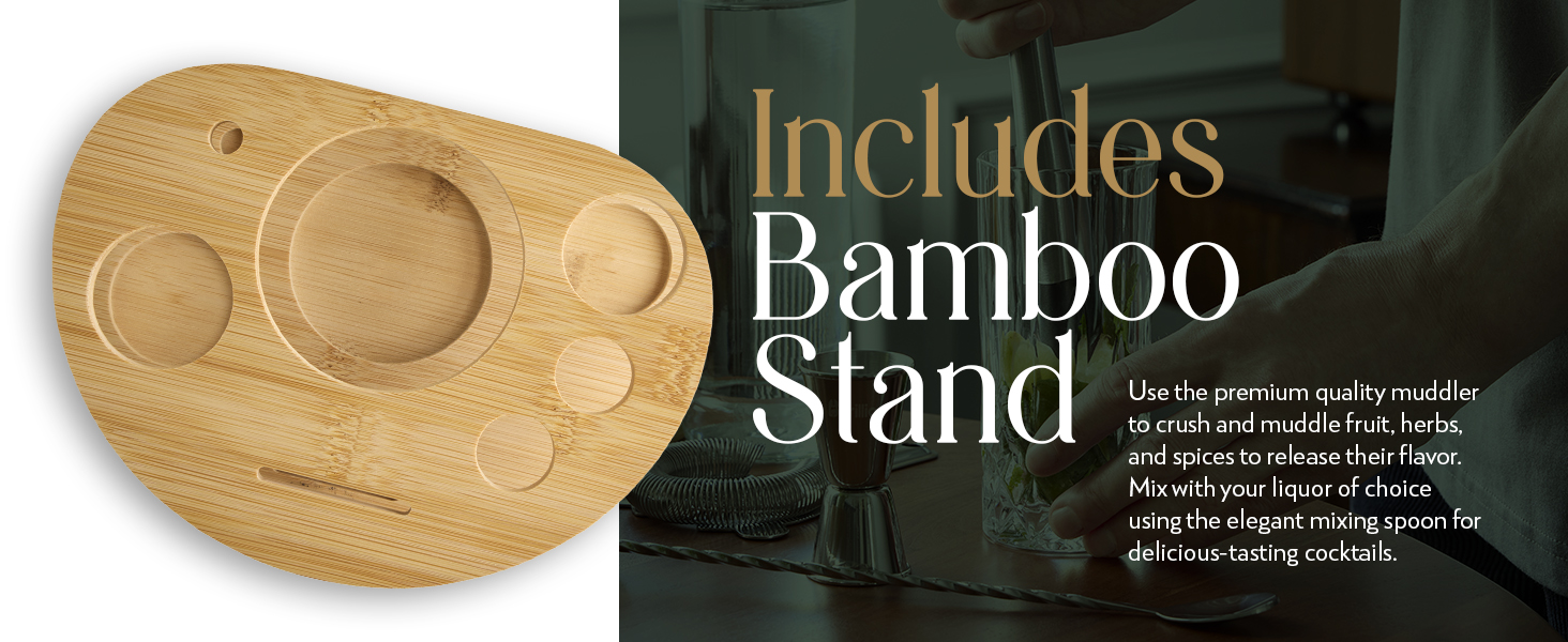 Barillio Elite Mixology Bartender Kit with Stand - Cocktail Shaker Set with Bamboo Stand, Boston Drink Shaker, Mojito Muddler, and Drink Mixer Spoon - 9-Piece Bar Tools Set - Bar Accessories for Home