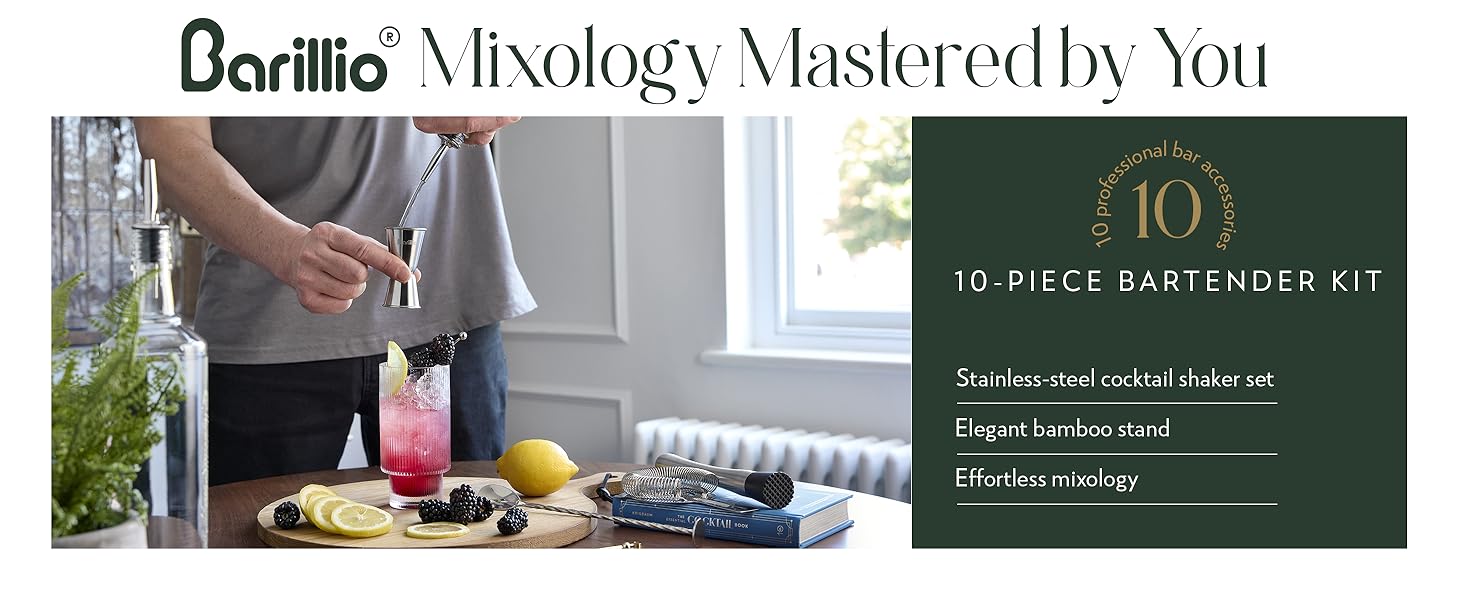 Barillio Elite Mixology Bartender Kit with Stand - Cocktail Shaker Set with Bamboo Stand, Boston Drink Shaker, Mojito Muddler, and Drink Mixer Spoon - 9-Piece Bar Tools Set - Bar Accessories for Home