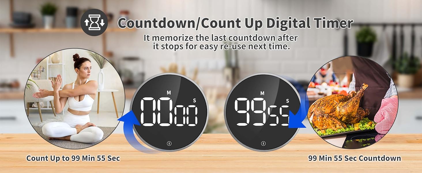 VOCOO Digital Kitchen Timer - Magnetic Countdown Countup Timer with Large LED Display Volume Adjustable, Easy for Cooking and for Seniors and Kids to Use (Space Grey)