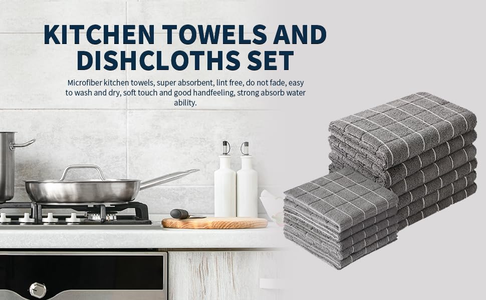 Microfiber Kitchen Towels and Dishcloths Set, 26 X 18 Inch and 12 X 12 Inch, Set of 12 Bulk Lint Free Dish Towels for Drying Dishes, Grey