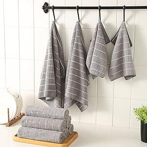 Microfiber Kitchen Towels and Dishcloths Set, 26 X 18 Inch and 12 X 12 Inch, Set of 12 Bulk Lint Free Dish Towels for Drying Dishes, Grey