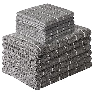 Microfiber Kitchen Towels and Dishcloths Set, 26 X 18 Inch and 12 X 12 Inch, Set of 12 Bulk Lint Free Dish Towels for Drying Dishes, Grey