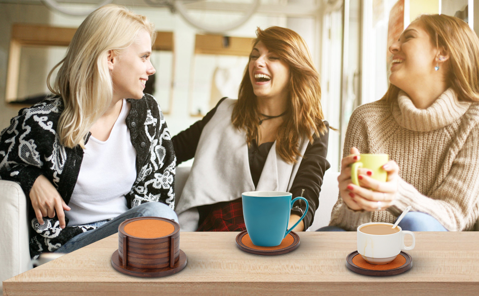 MinBoo Bamboo Coasters for Coffee Table Set of 6 Coasters for Drinks Absorbent with Holder Coffee Table Decor for Tabletop Protection Gifts for House Warming New Home & Wedding (Dark Brown 6Pcs)