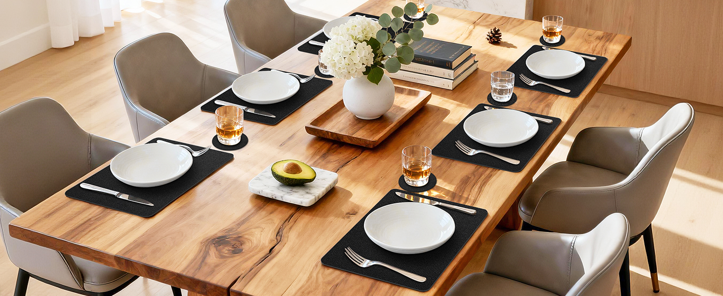 Vinyl Placemats Set of 6, Waterproof Faux Leather Heat Resistant Kitchen Place Mats, Wipeable Dining Table Place Mats and Coasters for Kitchen, Dining, Decor, Outdoor (Black)