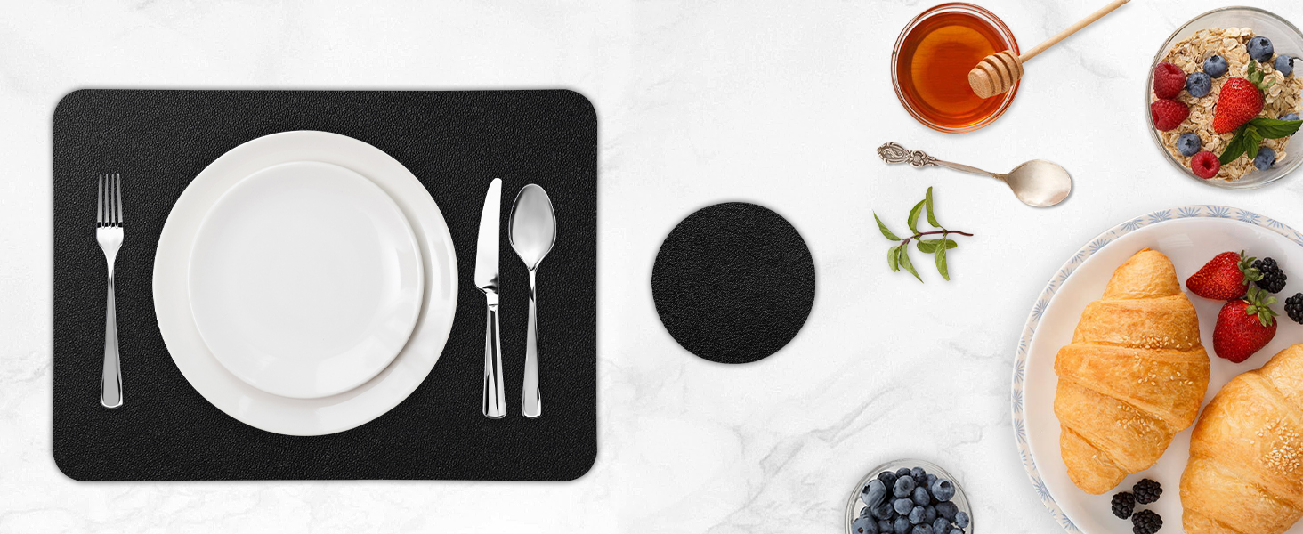 Vinyl Placemats Set of 6, Waterproof Faux Leather Heat Resistant Kitchen Place Mats, Wipeable Dining Table Place Mats and Coasters for Kitchen, Dining, Decor, Outdoor (Black)