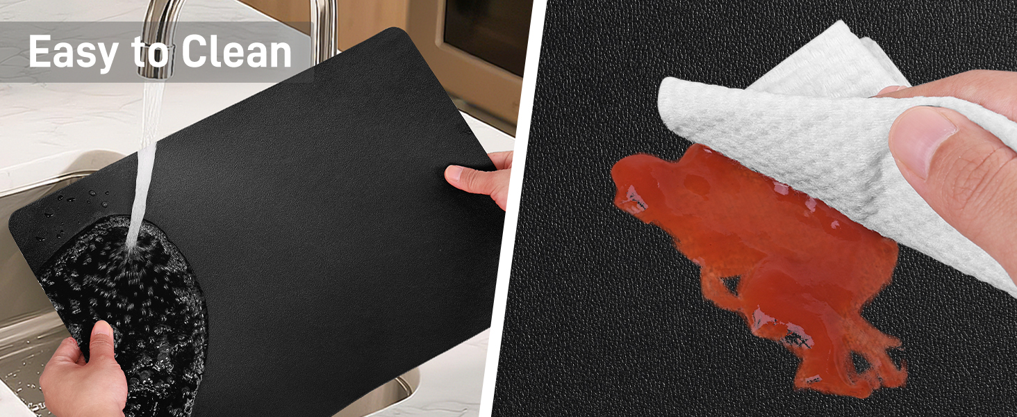 Vinyl Placemats Set of 6, Waterproof Faux Leather Heat Resistant Kitchen Place Mats, Wipeable Dining Table Place Mats and Coasters for Kitchen, Dining, Decor, Outdoor (Black)