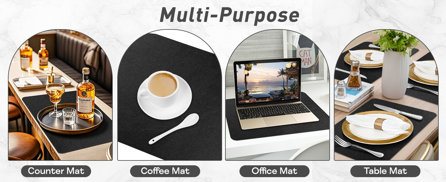 Vinyl Placemats Set of 6, Waterproof Faux Leather Heat Resistant Kitchen Place Mats, Wipeable Dining Table Place Mats and Coasters for Kitchen, Dining, Decor, Outdoor (Black)