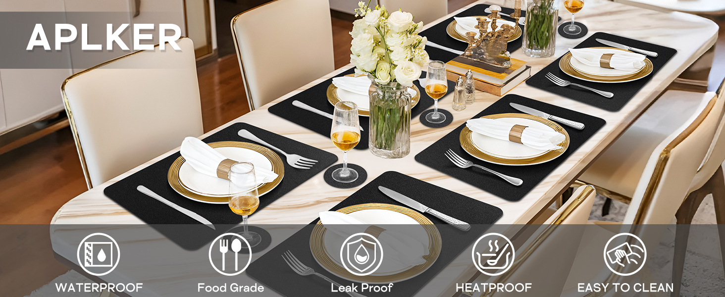 Vinyl Placemats Set of 6, Waterproof Faux Leather Heat Resistant Kitchen Place Mats, Wipeable Dining Table Place Mats and Coasters for Kitchen, Dining, Decor, Outdoor (Black)