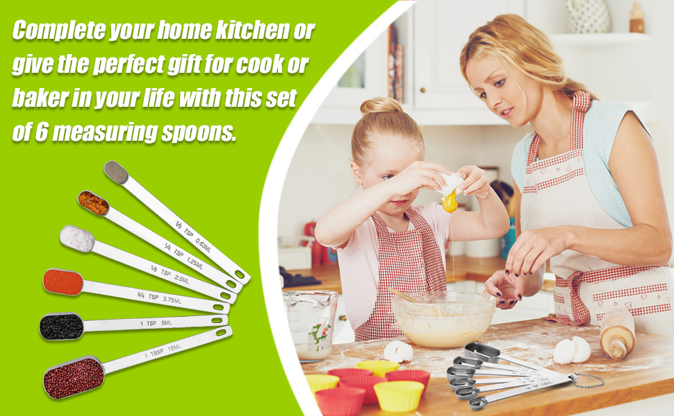 Long Handle Measuring Spoons Set of 6, Stainless Steel Measure Teaspoons, Metal Rectangular Bowl Tablespoon